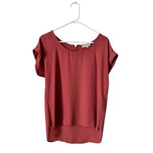 Pink Rose Mauve Rosewater Short Sleeve High-Low Blouse with Exposed Back Zipper